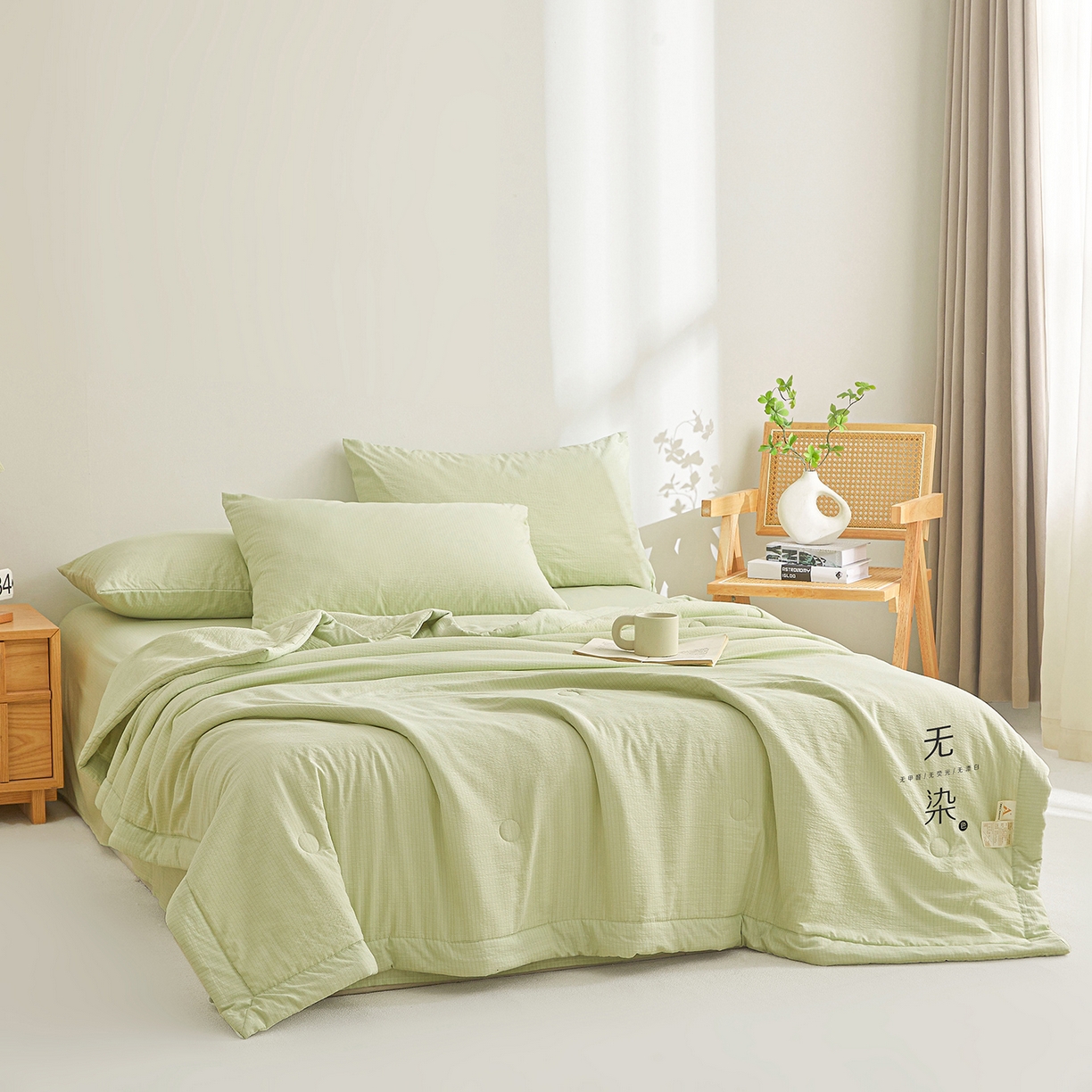 91家纺网 家纺一手货源 找家纺 晓时候 2026A类云感双层纱夏被四件套新疆棉花被无染夏凉被空调被 青竹绿