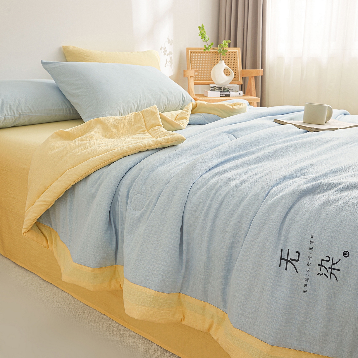 91家纺网 家纺一手货源 找家纺 晓时候 2026A类云感双层纱夏被四件套新疆棉花被无染夏凉被空调被 青春蓝+柠檬黄