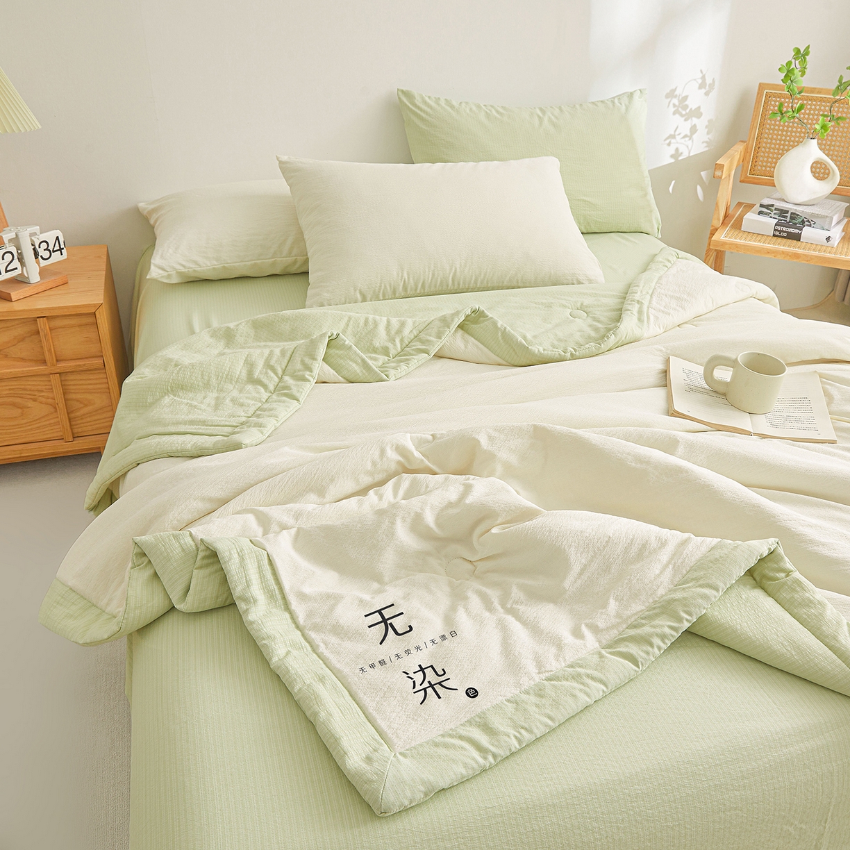 91家纺网 家纺一手货源 找家纺 晓时候 2026A类云感双层纱夏被四件套新疆棉花被无染夏凉被空调被 云朵白+青竹绿
