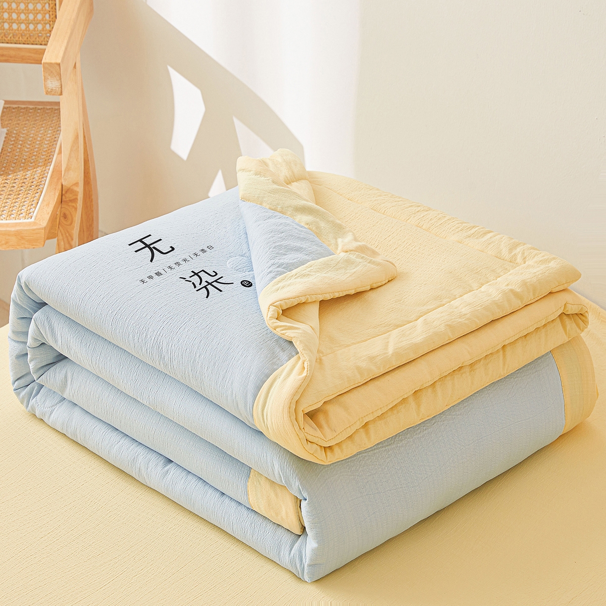 91家纺网 家纺一手货源 找家纺 晓时候 2026A类云感双层纱夏被四件套新疆棉花被无染夏凉被空调被 青春蓝+柠檬黄