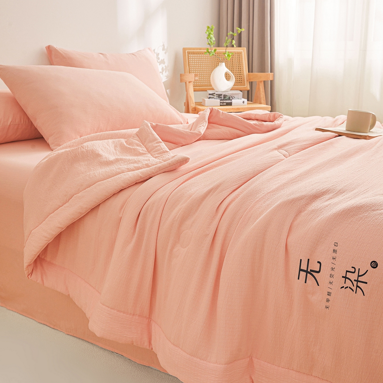 91家纺网 家纺一手货源 找家纺 晓时候 2026A类云感双层纱夏被四件套新疆棉花被无染夏凉被空调被 樱花粉