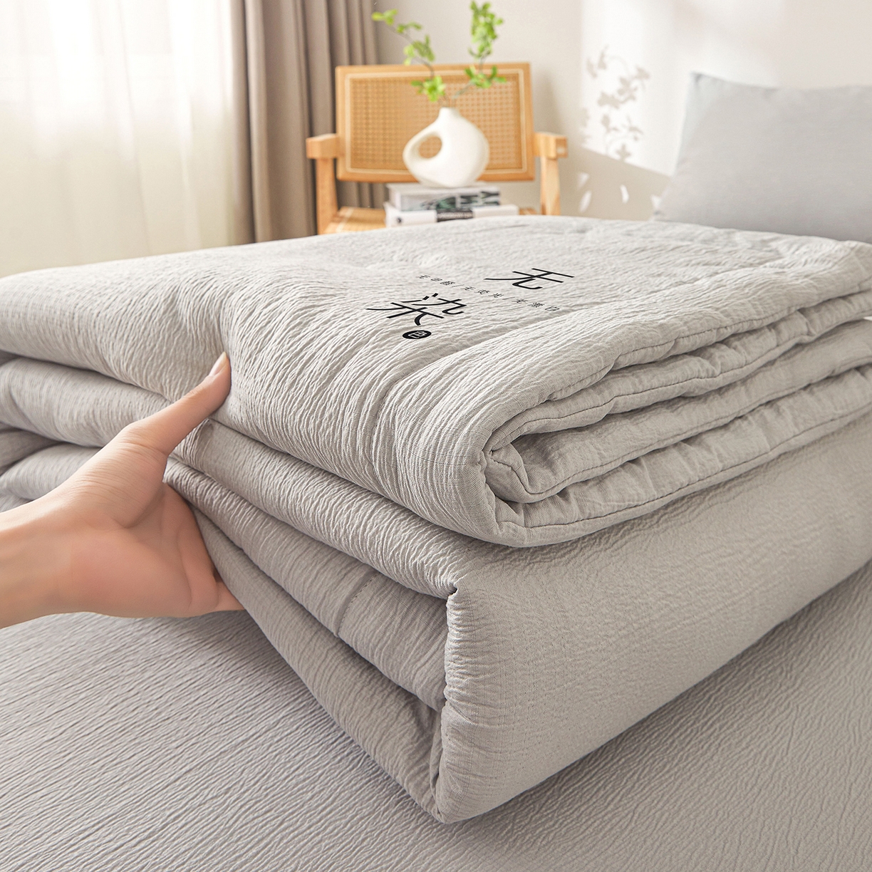 91家纺网 家纺一手货源 找家纺 晓时候 2026A类云感双层纱夏被四件套新疆棉花被无染夏凉被空调被 冰川灰