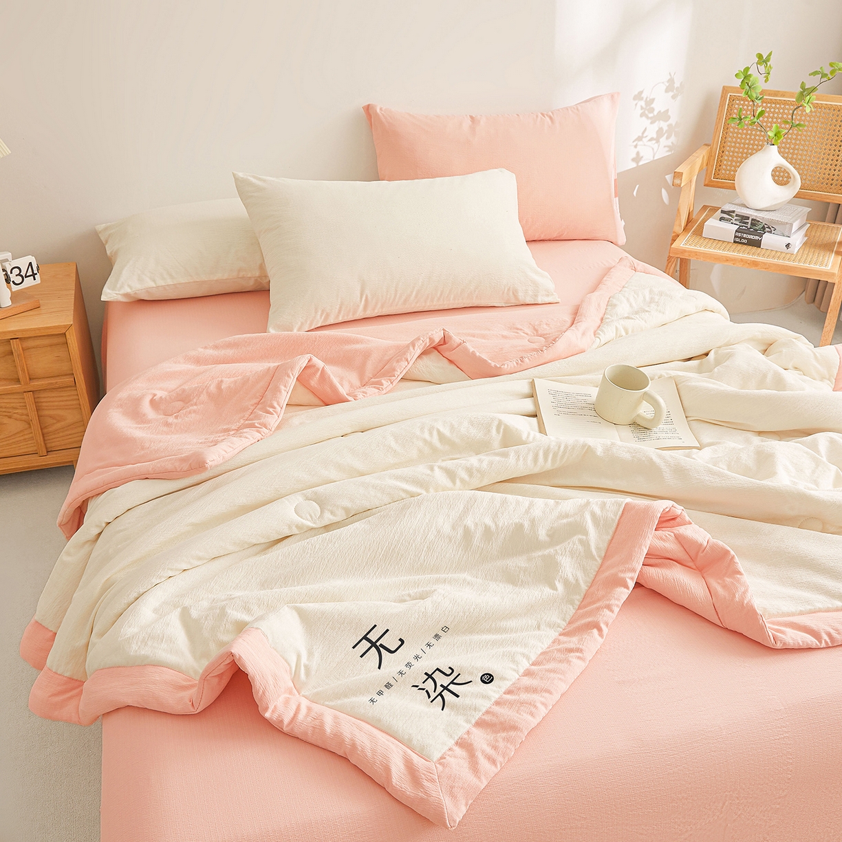 91家纺网 家纺一手货源 找家纺 晓时候 2026A类云感双层纱夏被四件套新疆棉花被无染夏凉被空调被 云朵白+樱花粉