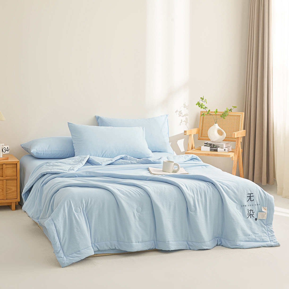 91家纺网 家纺一手货源 找家纺 晓时候 2026A类云感双层纱夏被四件套新疆棉花被无染夏凉被空调被 青春蓝