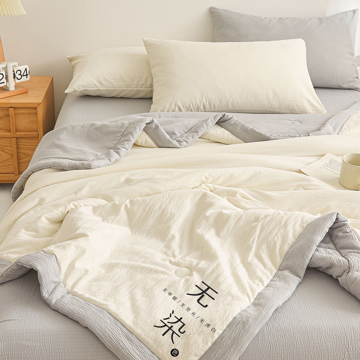 91家纺网 家纺一手货源 找家纺 晓时候 2026A类云感双层纱夏被四件套新疆棉花被无染夏凉被空调被 云朵白+冰川灰