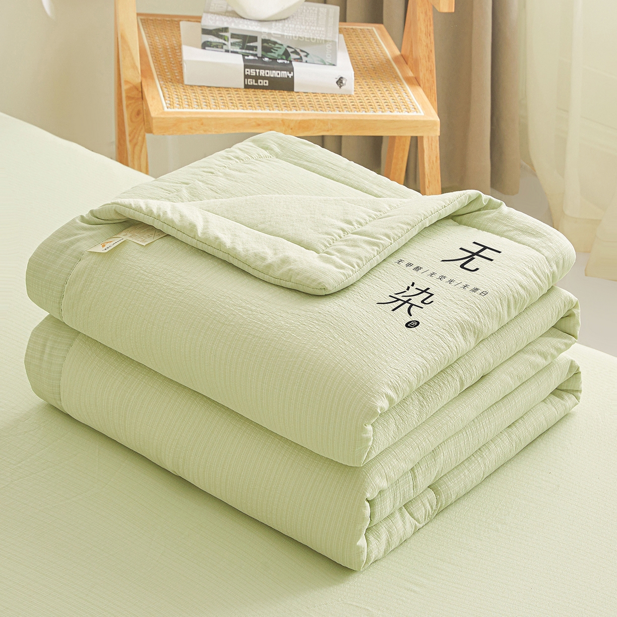 91家纺网 家纺一手货源 找家纺 晓时候 2026A类云感双层纱夏被四件套新疆棉花被无染夏凉被空调被 青竹绿