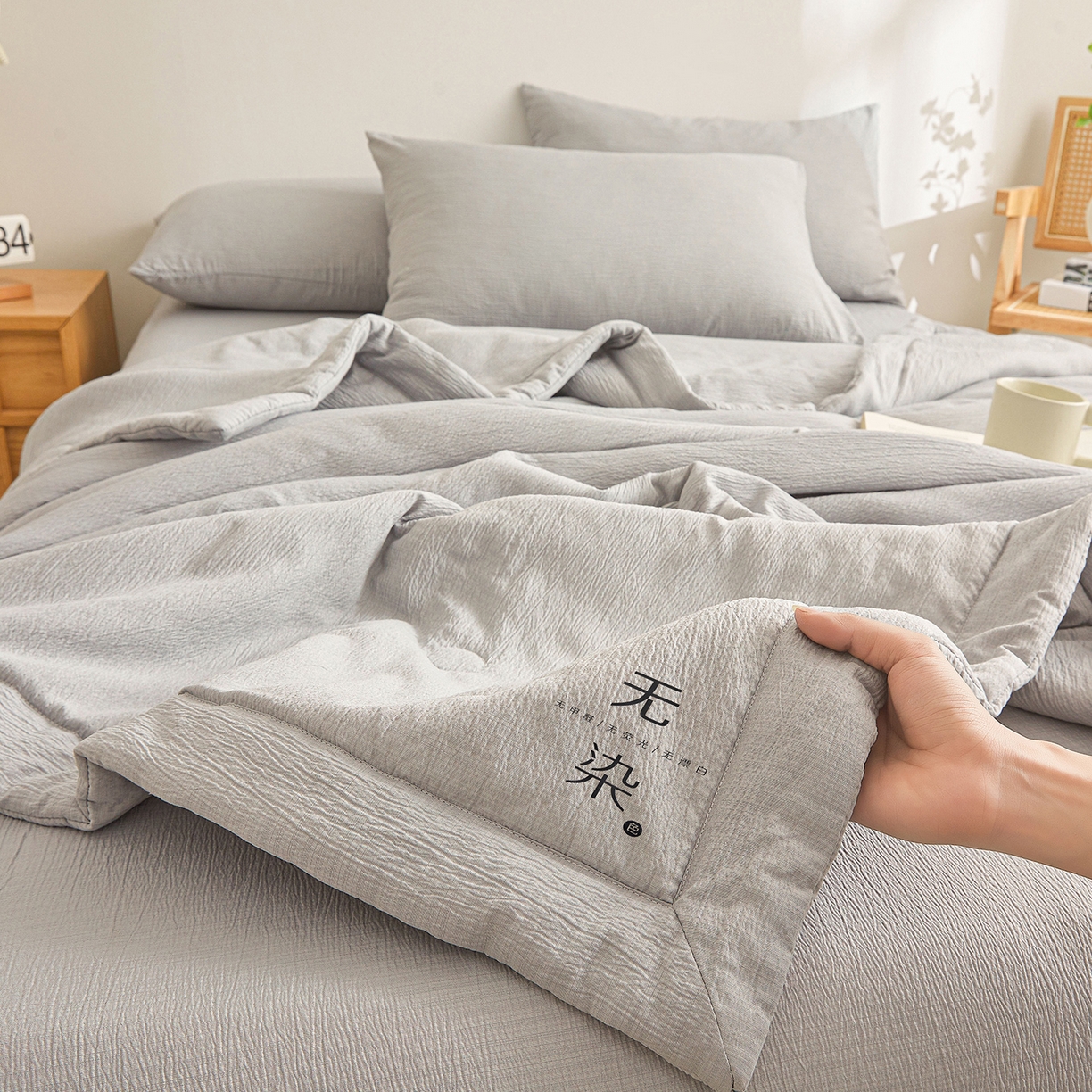 91家纺网 家纺一手货源 找家纺 晓时候 2026A类云感双层纱夏被四件套新疆棉花被无染夏凉被空调被 冰川灰