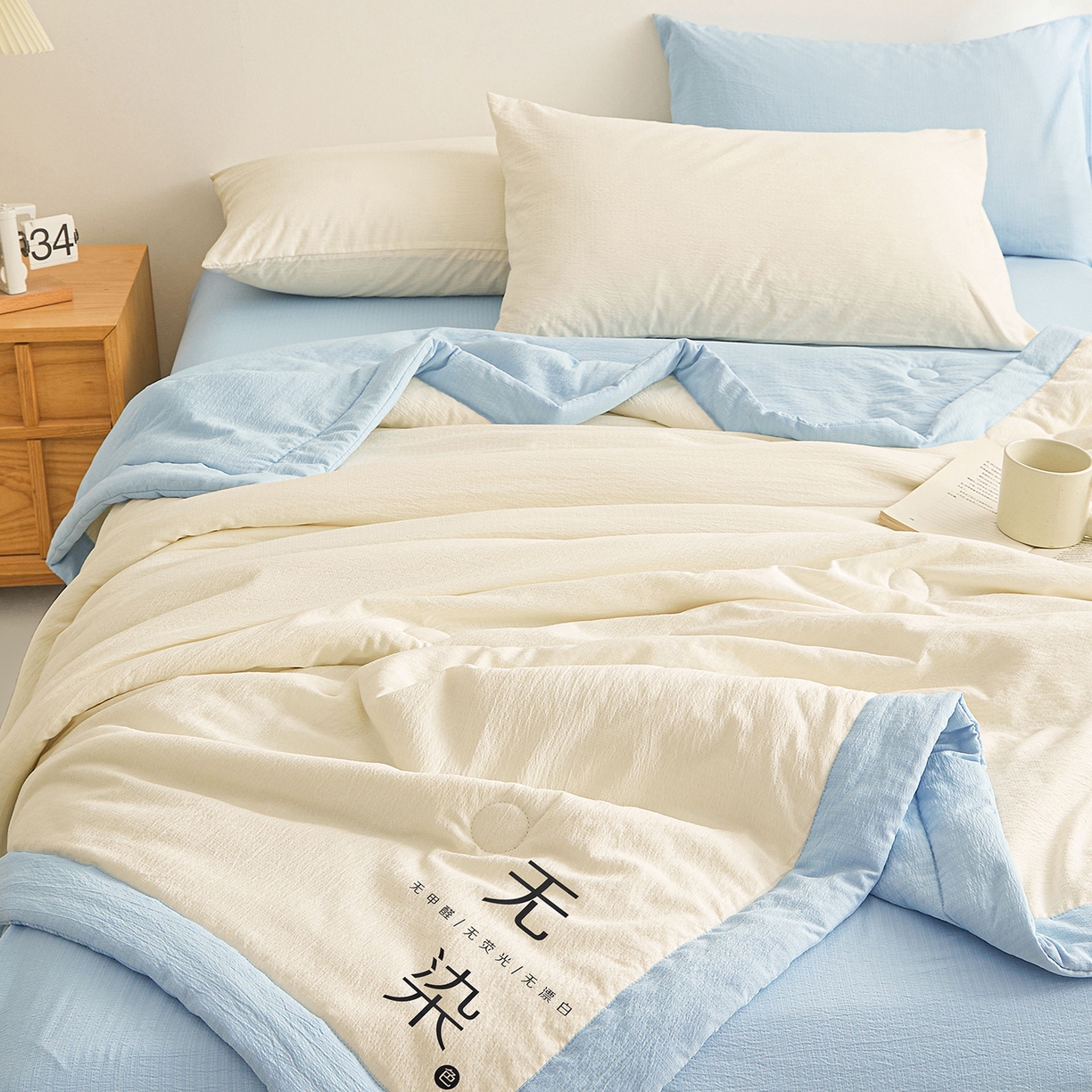 91家纺网 家纺一手货源 找家纺 晓时候 2026A类云感双层纱夏被四件套新疆棉花被无染夏凉被空调被 云朵白+青春蓝