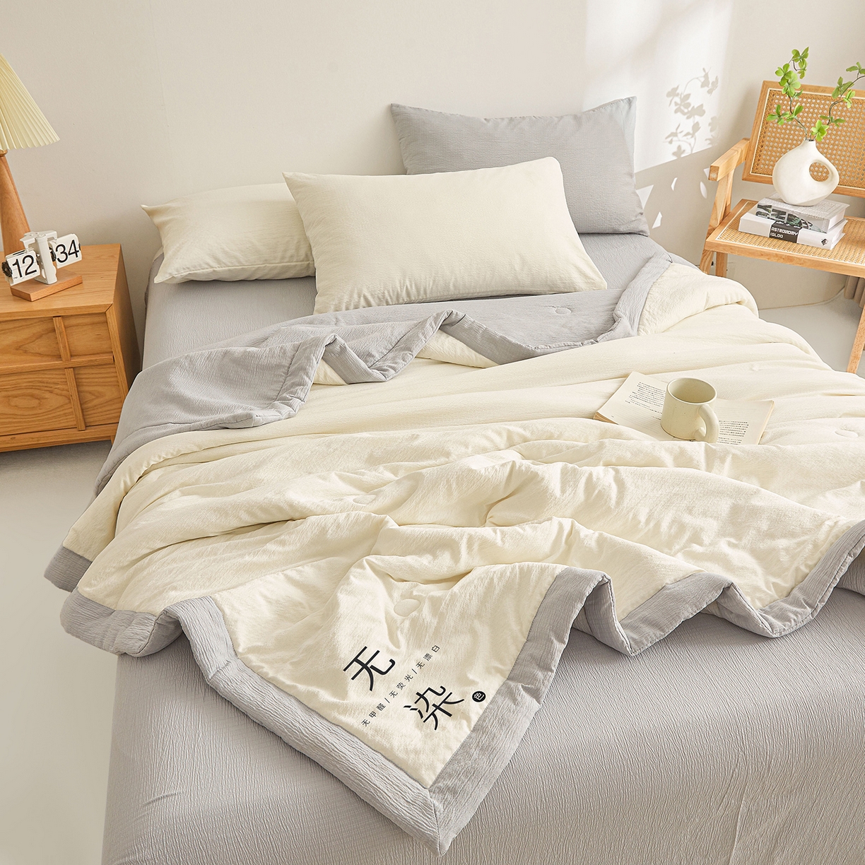 91家纺网 家纺一手货源 找家纺 晓时候 2026A类云感双层纱夏被四件套新疆棉花被无染夏凉被空调被 云朵白+冰川灰