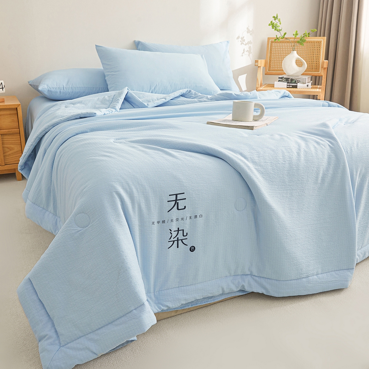 91家纺网 家纺一手货源 找家纺 晓时候 2026A类云感双层纱夏被四件套新疆棉花被无染夏凉被空调被 青春蓝