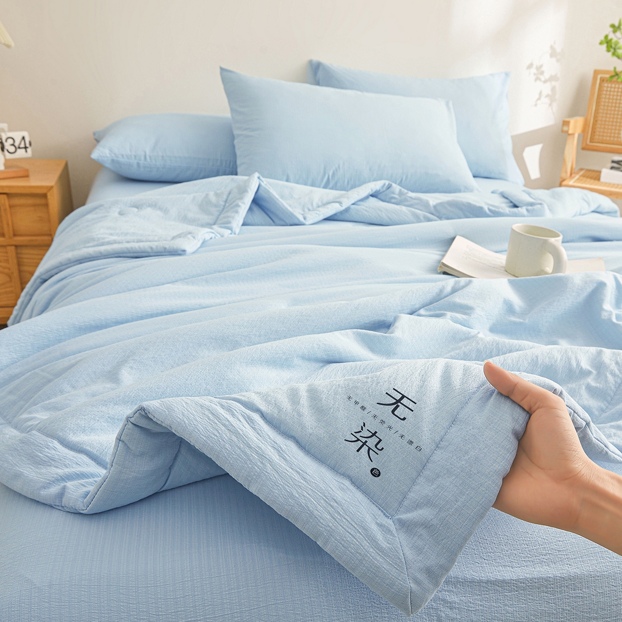 91家纺网 家纺一手货源 找家纺 晓时候 2026A类云感双层纱夏被四件套新疆棉花被无染夏凉被空调被 青春蓝