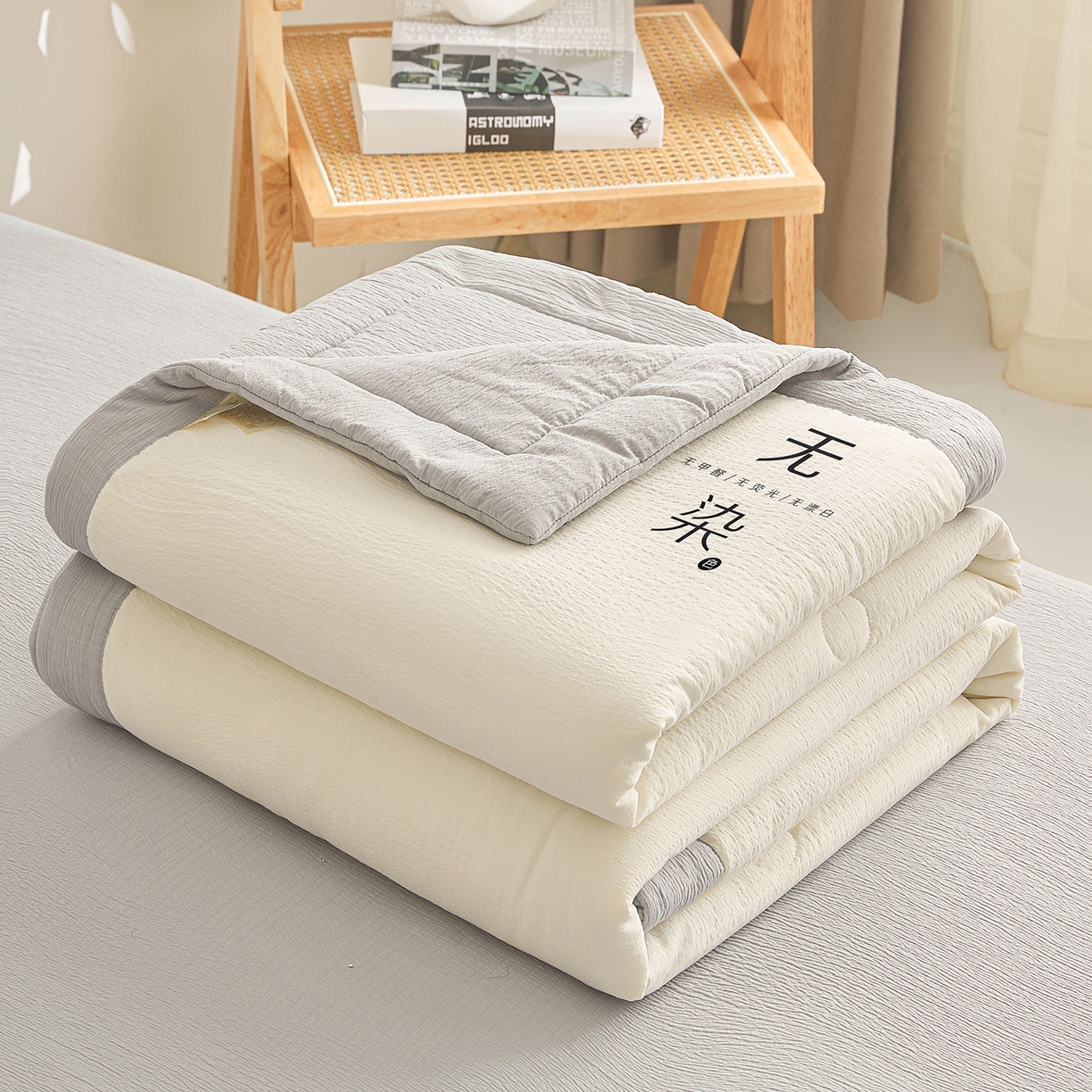 91家纺网 家纺一手货源 找家纺 晓时候 2026A类云感双层纱夏被四件套新疆棉花被无染夏凉被空调被 云朵白+冰川灰