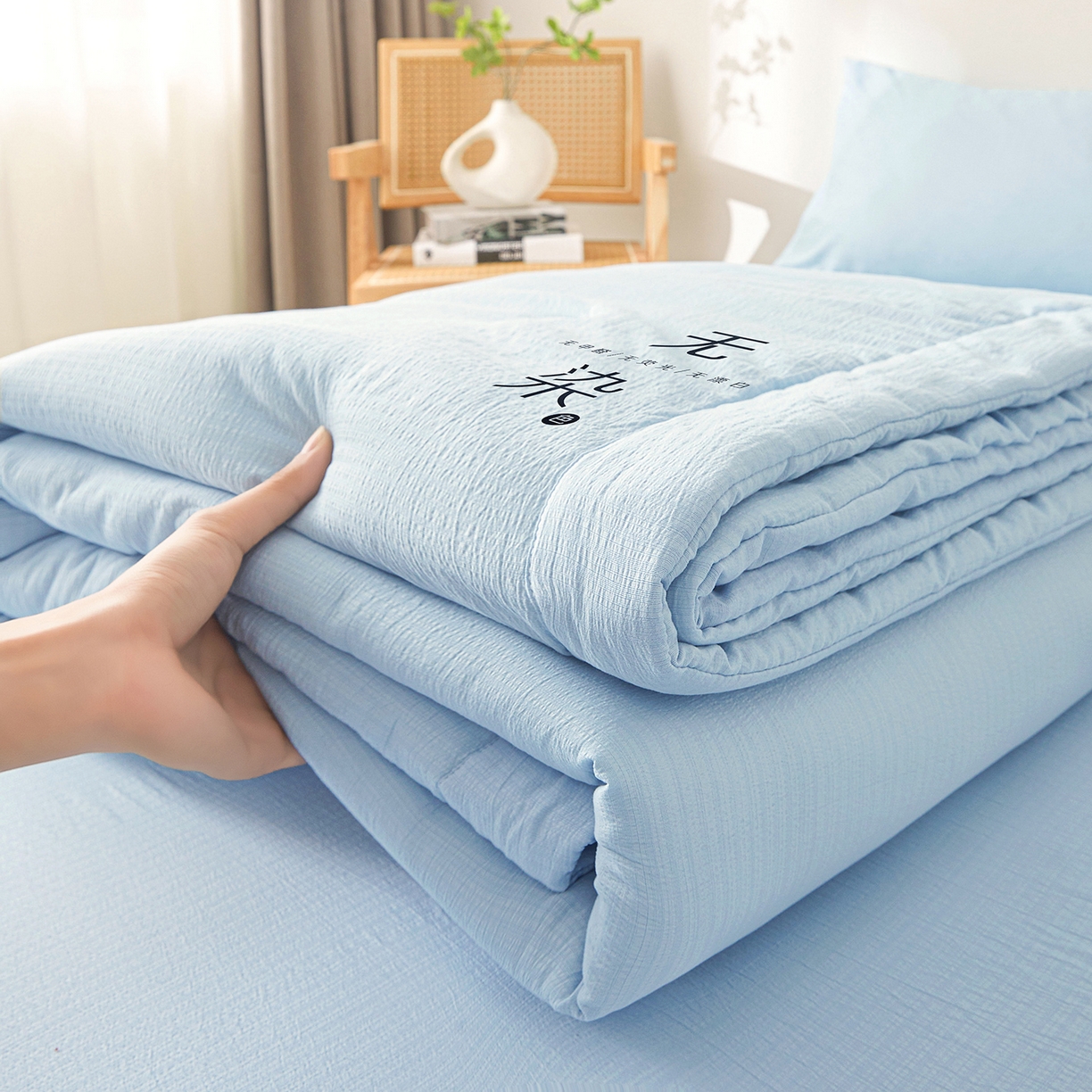 91家纺网 家纺一手货源 找家纺 晓时候 2026A类云感双层纱夏被四件套新疆棉花被无染夏凉被空调被 青春蓝