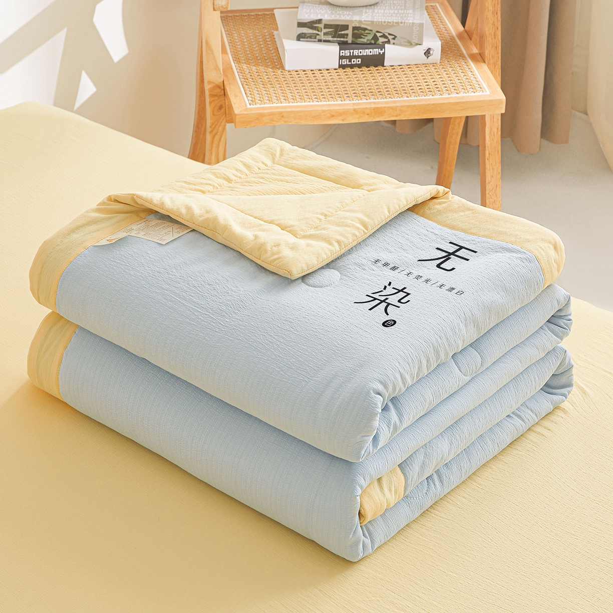 91家纺网 家纺一手货源 找家纺 晓时候 2026A类云感双层纱夏被四件套新疆棉花被无染夏凉被空调被 青春蓝+柠檬黄