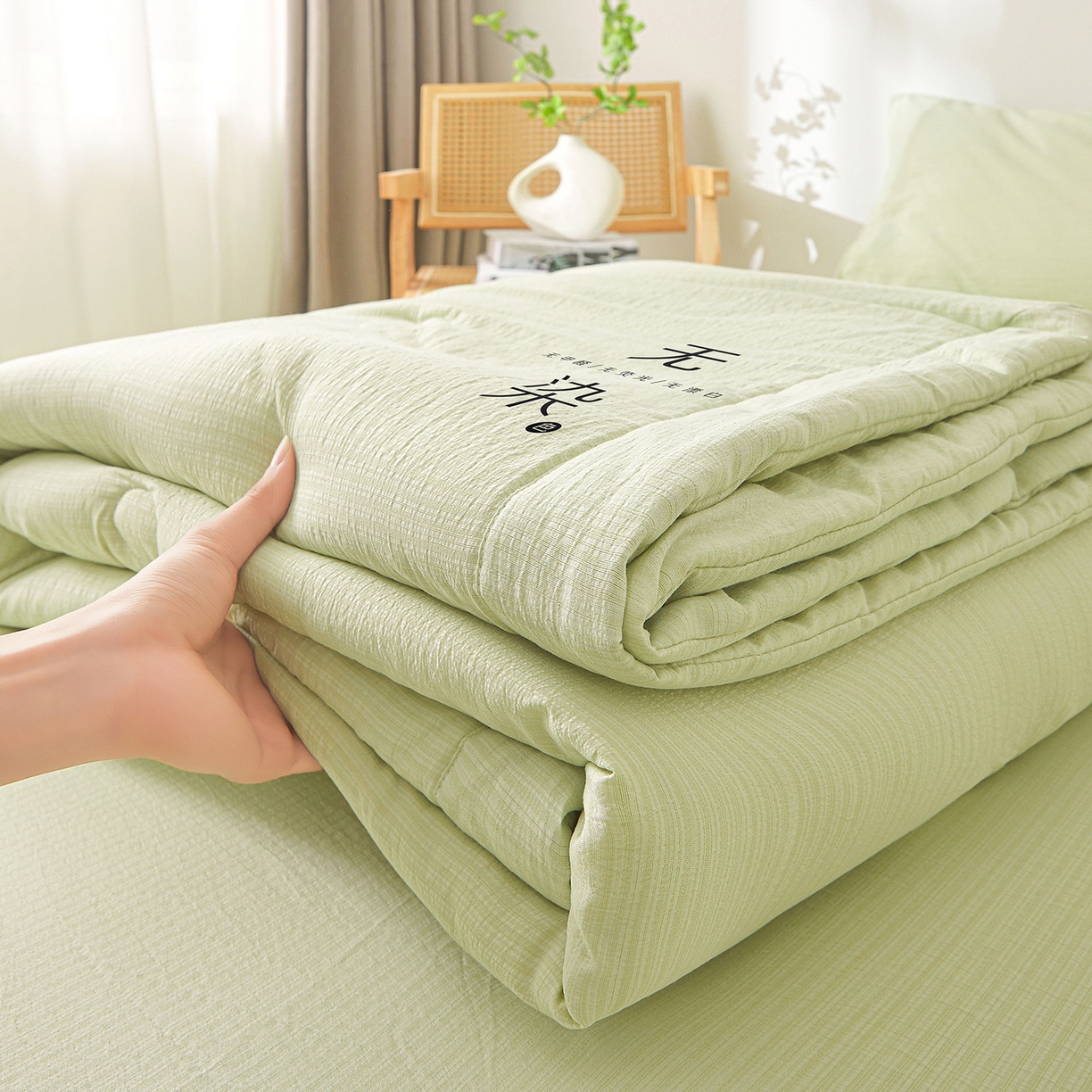 91家纺网 家纺一手货源 找家纺 晓时候 2026A类云感双层纱夏被四件套新疆棉花被无染夏凉被空调被 青竹绿
