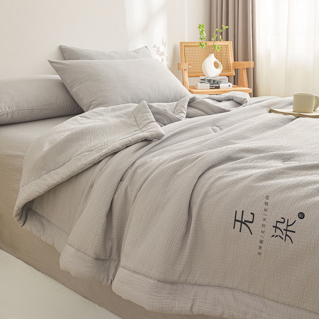 91家纺网 家纺一手货源 找家纺 晓时候 2026A类云感双层纱夏被四件套新疆棉花被无染夏凉被空调被 冰川灰