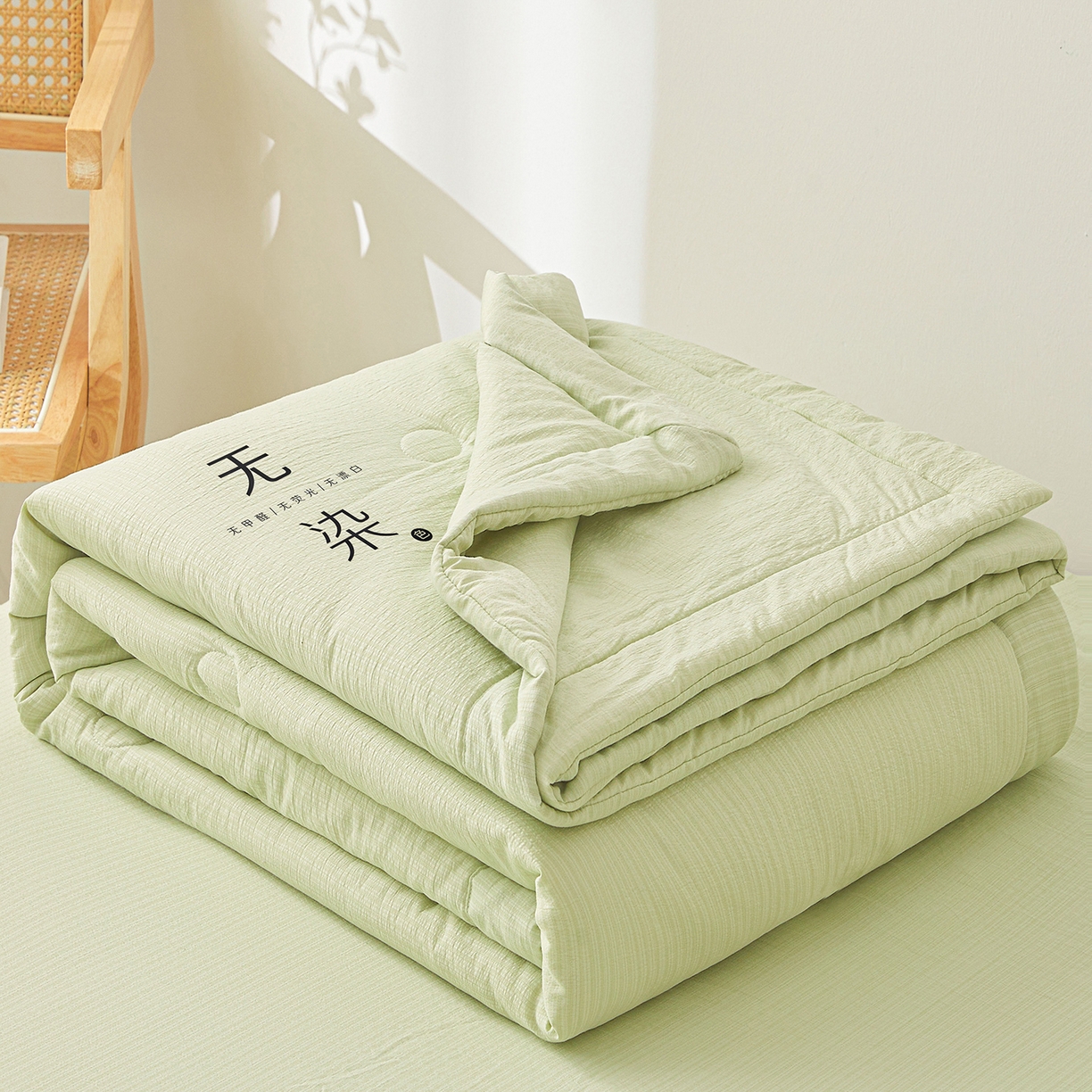 91家纺网 家纺一手货源 找家纺 晓时候 2026A类云感双层纱夏被四件套新疆棉花被无染夏凉被空调被 青竹绿