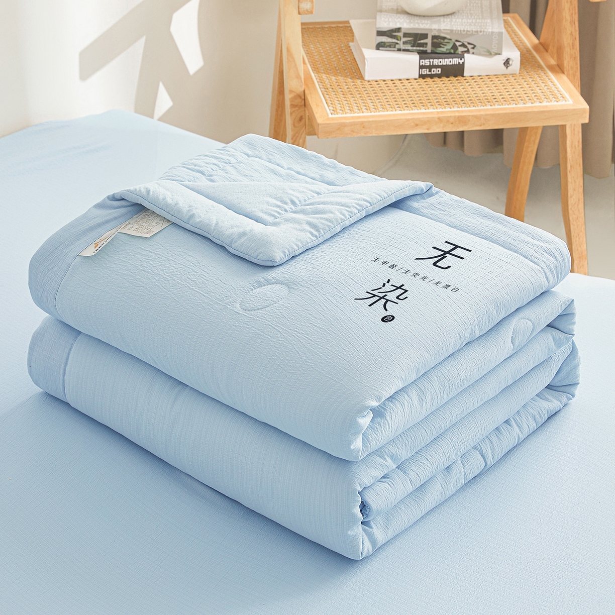 91家纺网 家纺一手货源 找家纺 晓时候 2026A类云感双层纱夏被四件套新疆棉花被无染夏凉被空调被 青春蓝