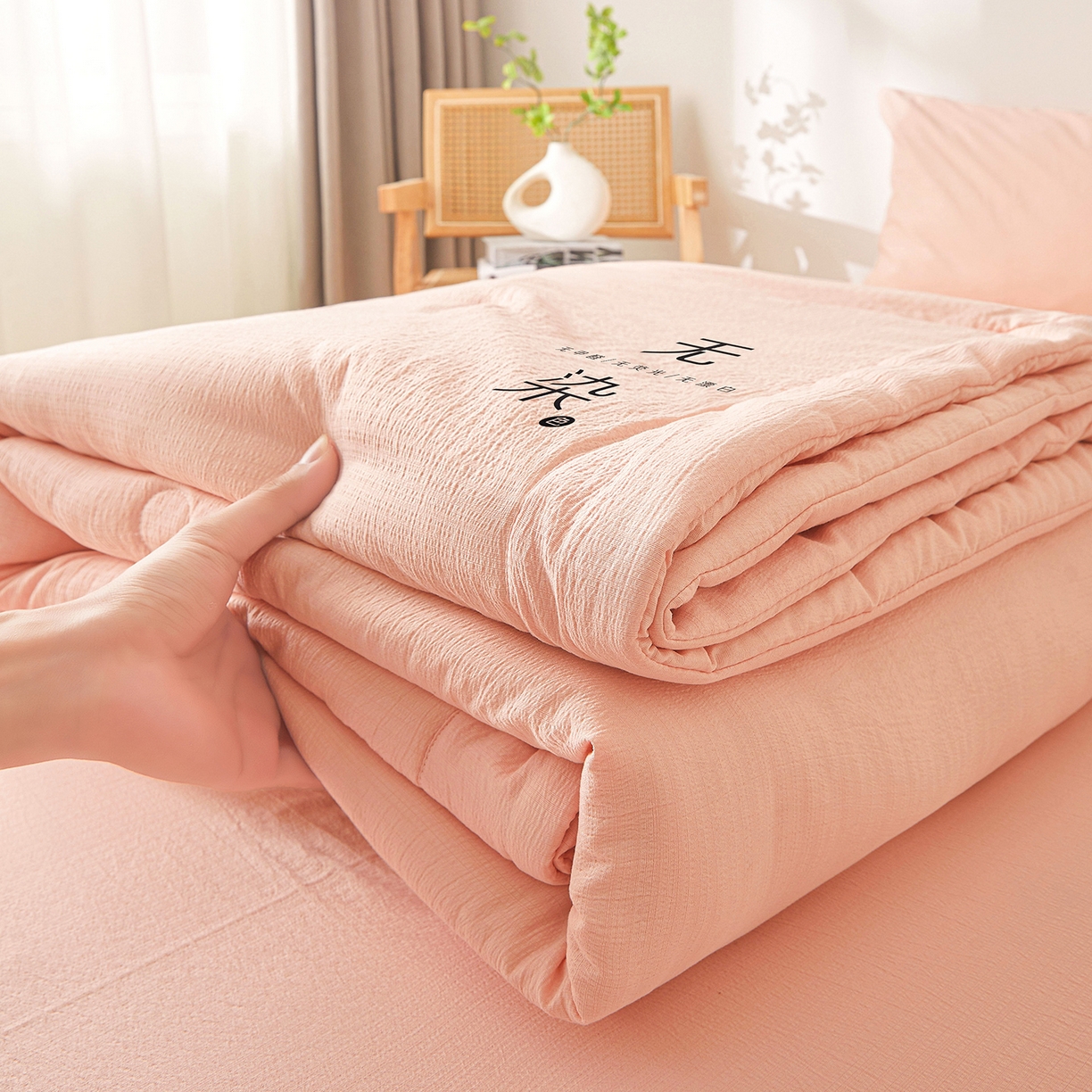 91家纺网 家纺一手货源 找家纺 晓时候 2026A类云感双层纱夏被四件套新疆棉花被无染夏凉被空调被 樱花粉