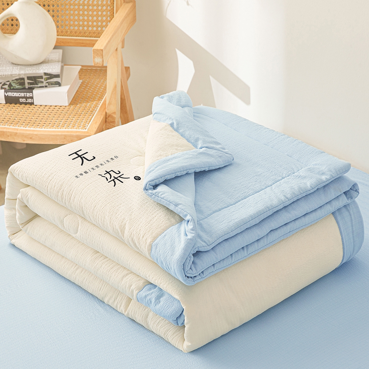 91家纺网 家纺一手货源 找家纺 晓时候 2026A类云感双层纱夏被四件套新疆棉花被无染夏凉被空调被 云朵白+青春蓝