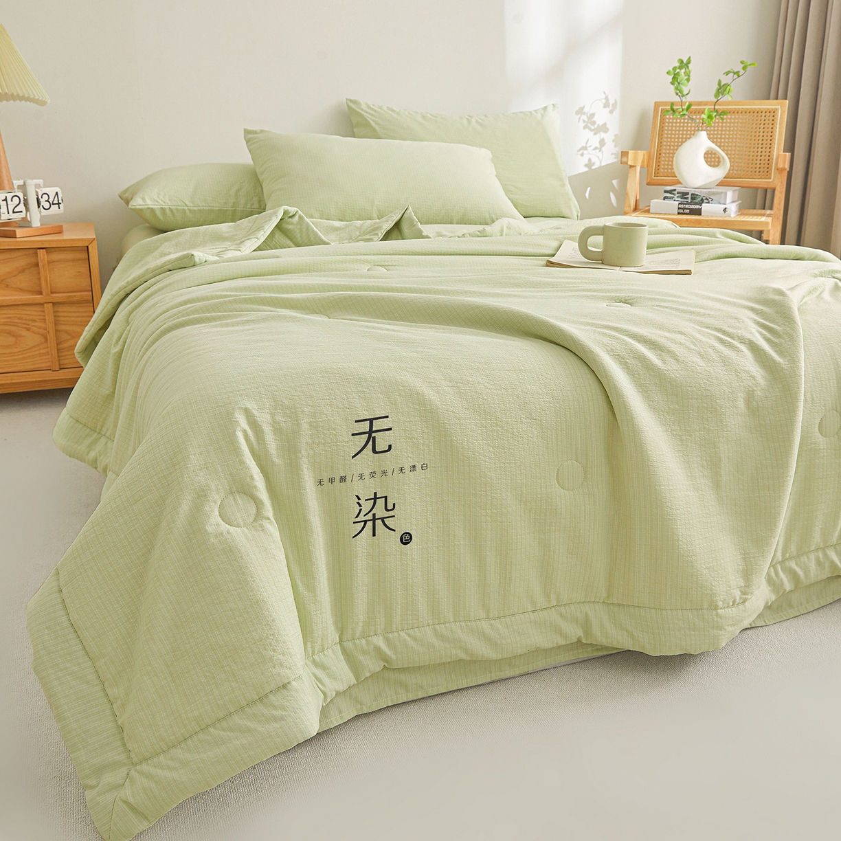 91家纺网 家纺一手货源 找家纺 晓时候 2026A类云感双层纱夏被四件套新疆棉花被无染夏凉被空调被 青竹绿