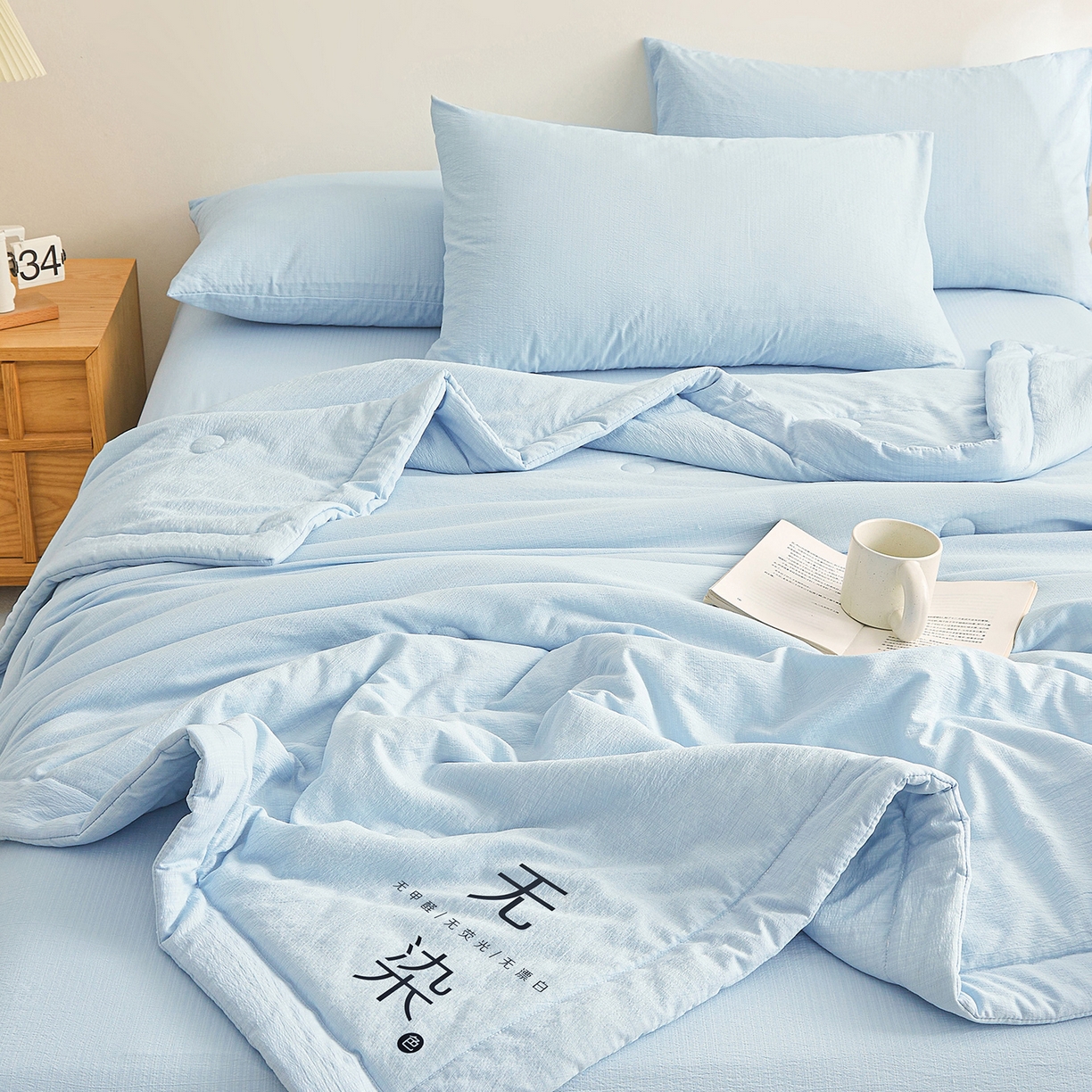 91家纺网 家纺一手货源 找家纺 晓时候 2026A类云感双层纱夏被四件套新疆棉花被无染夏凉被空调被 青春蓝