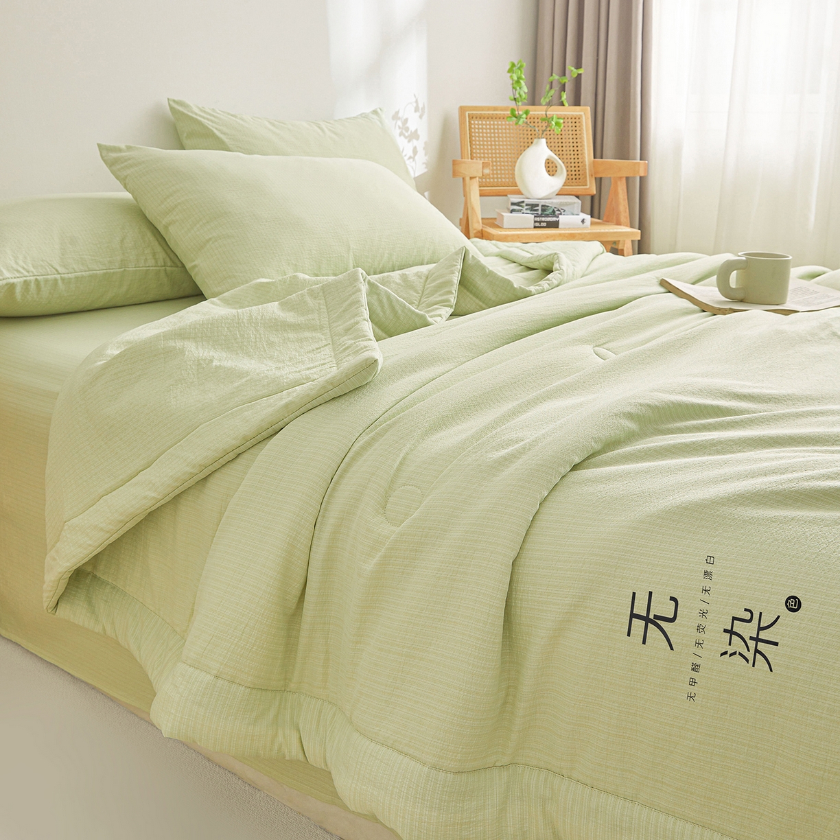 91家纺网 家纺一手货源 找家纺 晓时候 2026A类云感双层纱夏被四件套新疆棉花被无染夏凉被空调被 青竹绿
