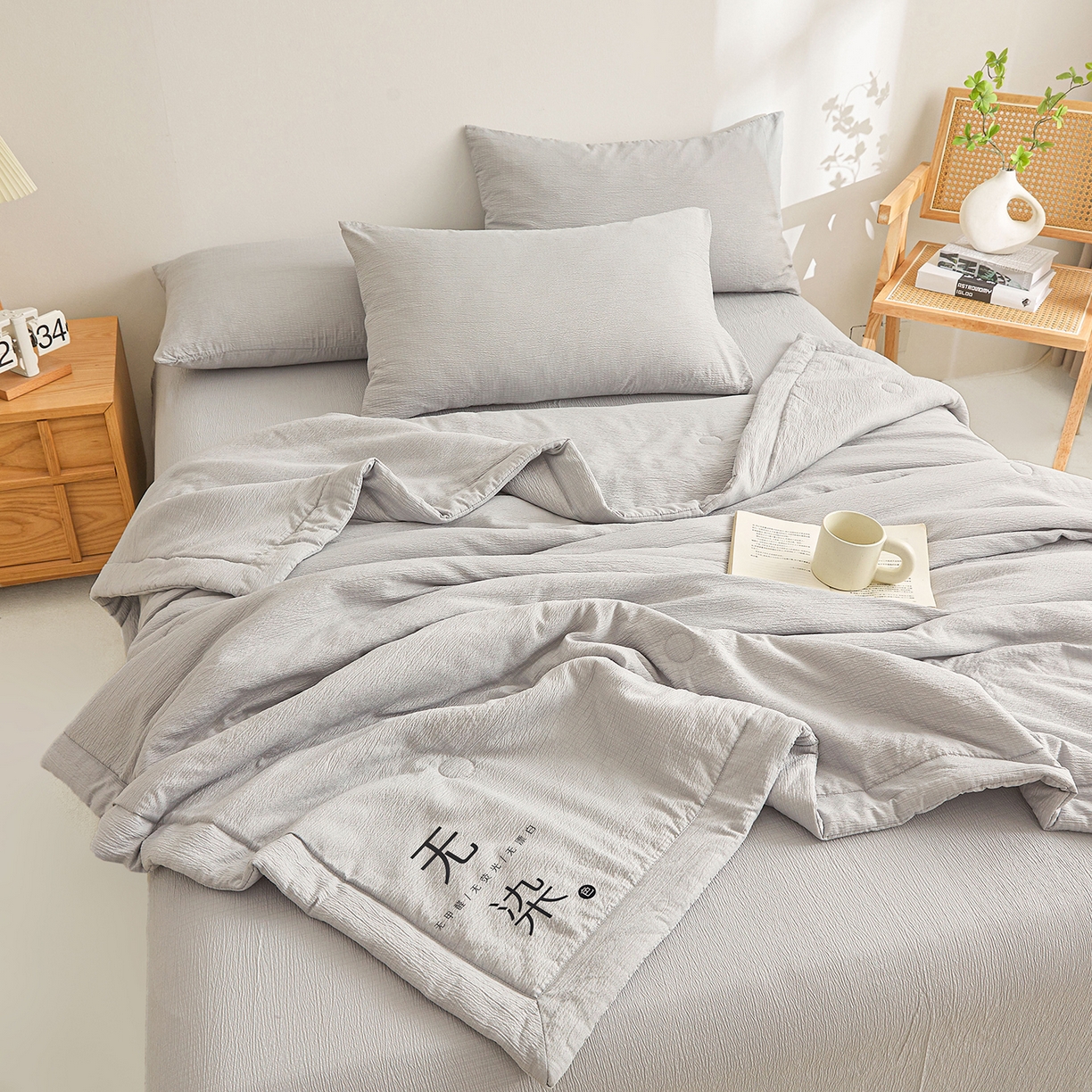 91家纺网 家纺一手货源 找家纺 晓时候 2026A类云感双层纱夏被四件套新疆棉花被无染夏凉被空调被 冰川灰