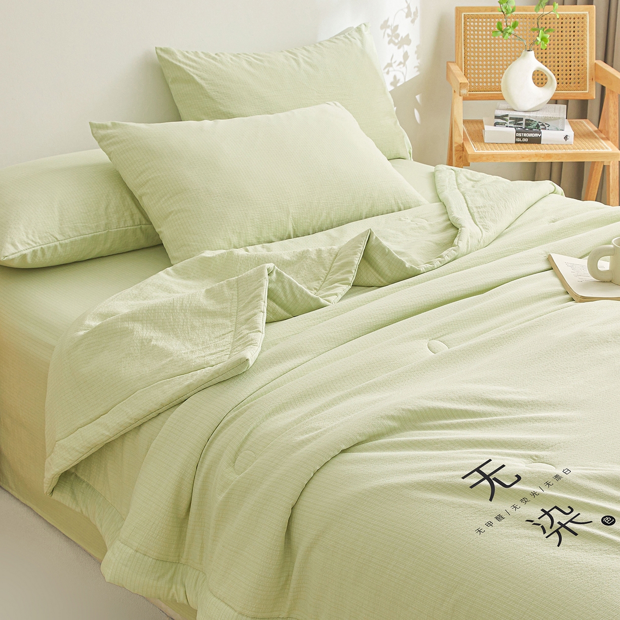 91家纺网 家纺一手货源 找家纺 晓时候 2026A类云感双层纱夏被四件套新疆棉花被无染夏凉被空调被 青竹绿