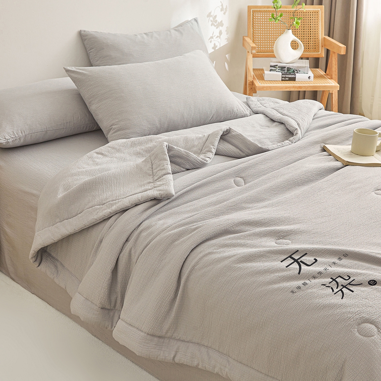 91家纺网 家纺一手货源 找家纺 晓时候 2026A类云感双层纱夏被四件套新疆棉花被无染夏凉被空调被 冰川灰