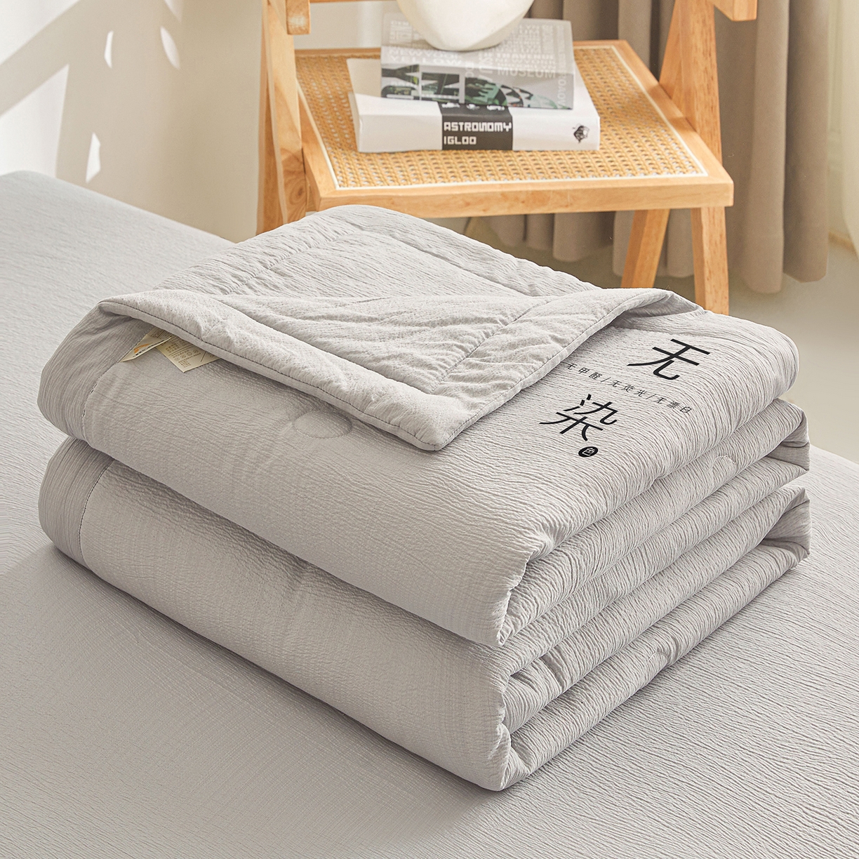 91家纺网 家纺一手货源 找家纺 晓时候 2026A类云感双层纱夏被四件套新疆棉花被无染夏凉被空调被 冰川灰