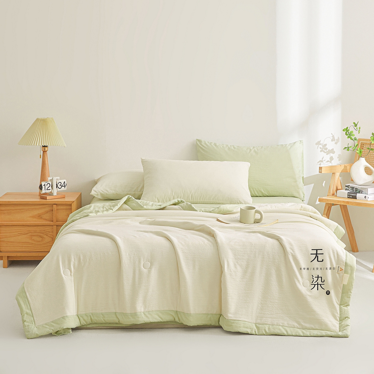 91家纺网 家纺一手货源 找家纺 晓时候 2026A类云感双层纱夏被四件套新疆棉花被无染夏凉被空调被 云朵白+青竹绿