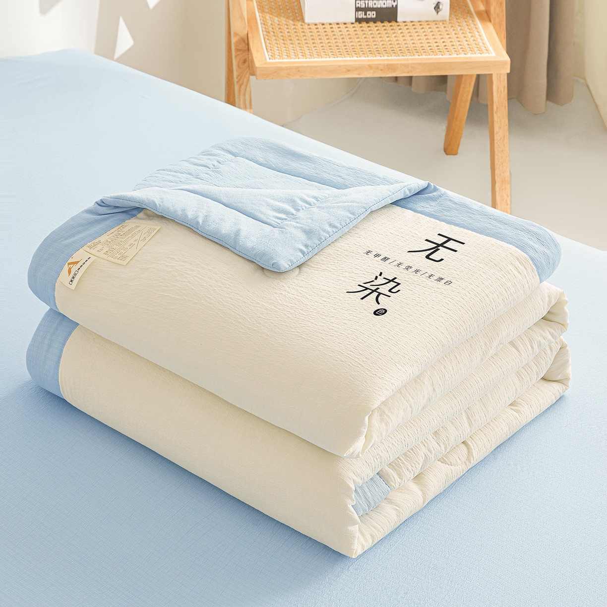 91家纺网 家纺一手货源 找家纺 晓时候 2026A类云感双层纱夏被四件套新疆棉花被无染夏凉被空调被 云朵白+青春蓝