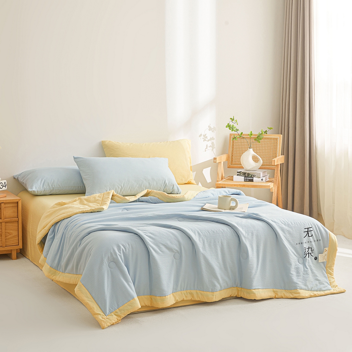 91家纺网 家纺一手货源 找家纺 晓时候 2026A类云感双层纱夏被四件套新疆棉花被无染夏凉被空调被 青春蓝+柠檬黄