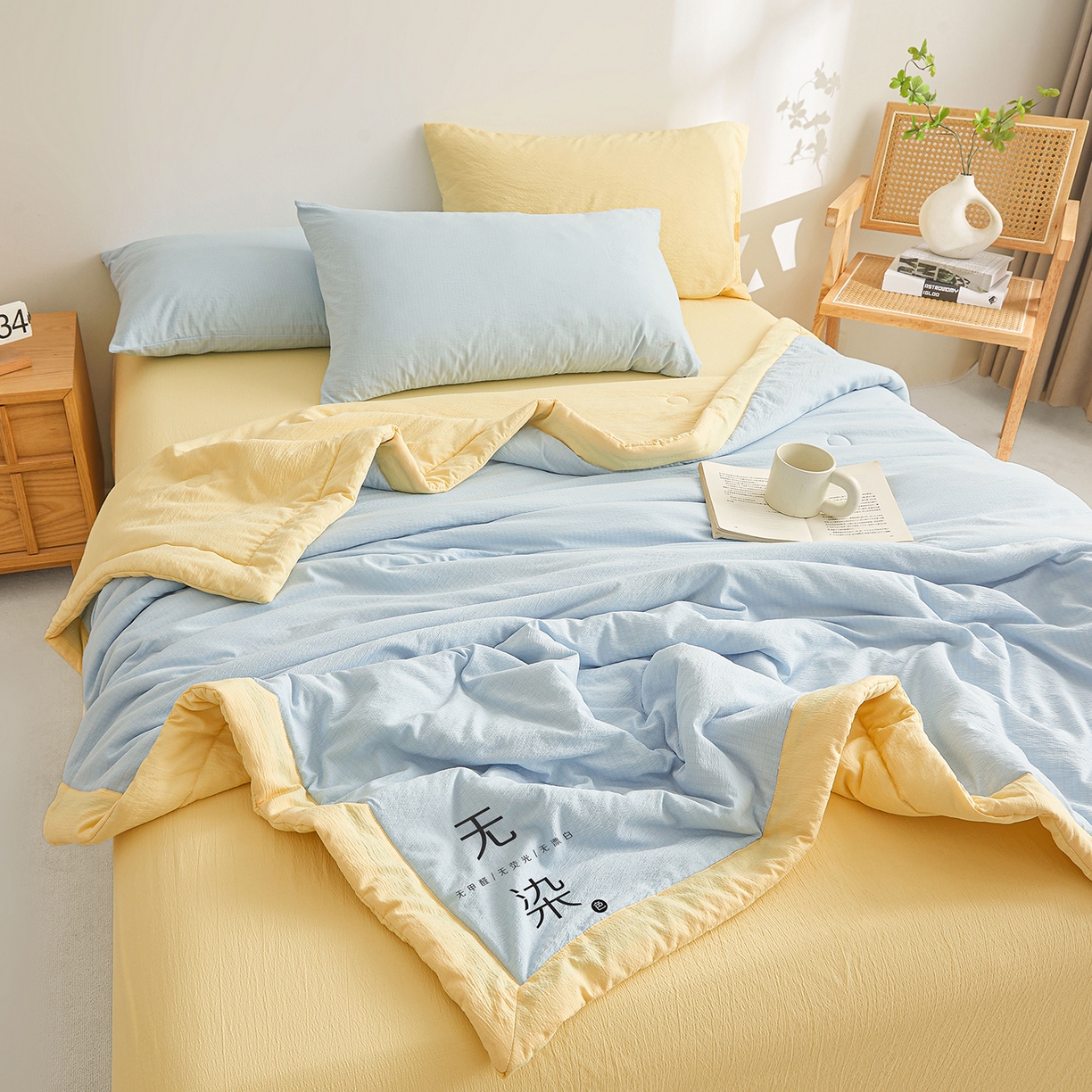 91家纺网 家纺一手货源 找家纺 晓时候 2026A类云感双层纱夏被四件套新疆棉花被无染夏凉被空调被 青春蓝+柠檬黄