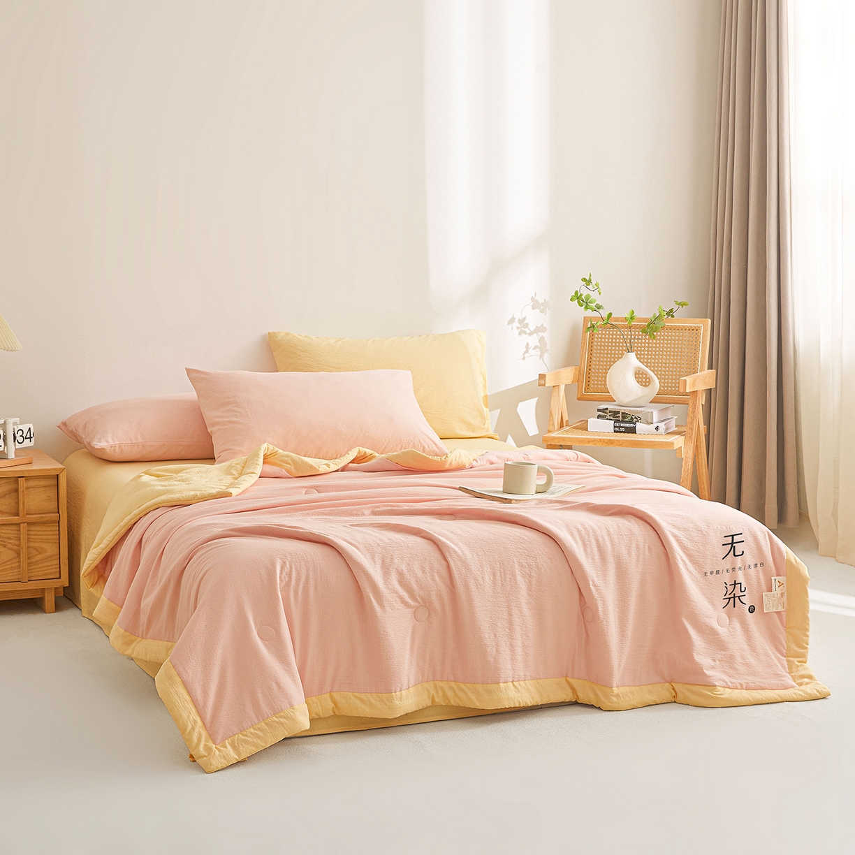 91家纺网 家纺一手货源 找家纺 晓时候 2026A类云感双层纱夏被四件套新疆棉花被无染夏凉被空调被 樱花粉+柠檬黄