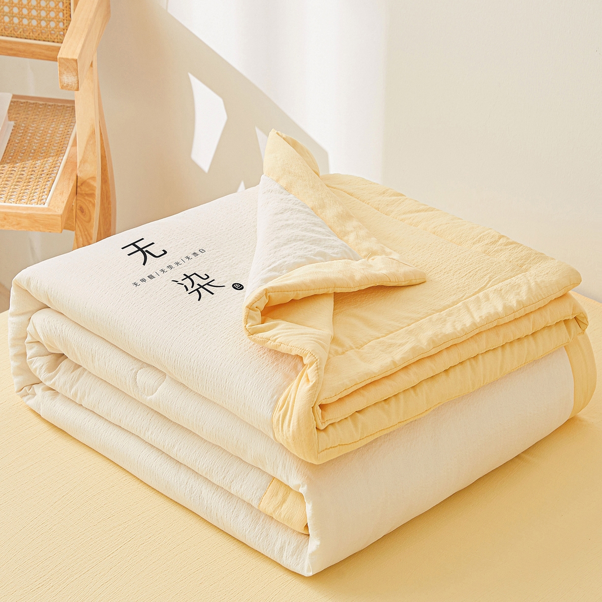 91家纺网 家纺一手货源 找家纺 晓时候 2026A类云感双层纱夏被四件套新疆棉花被无染夏凉被空调被 云朵白+柠檬黄