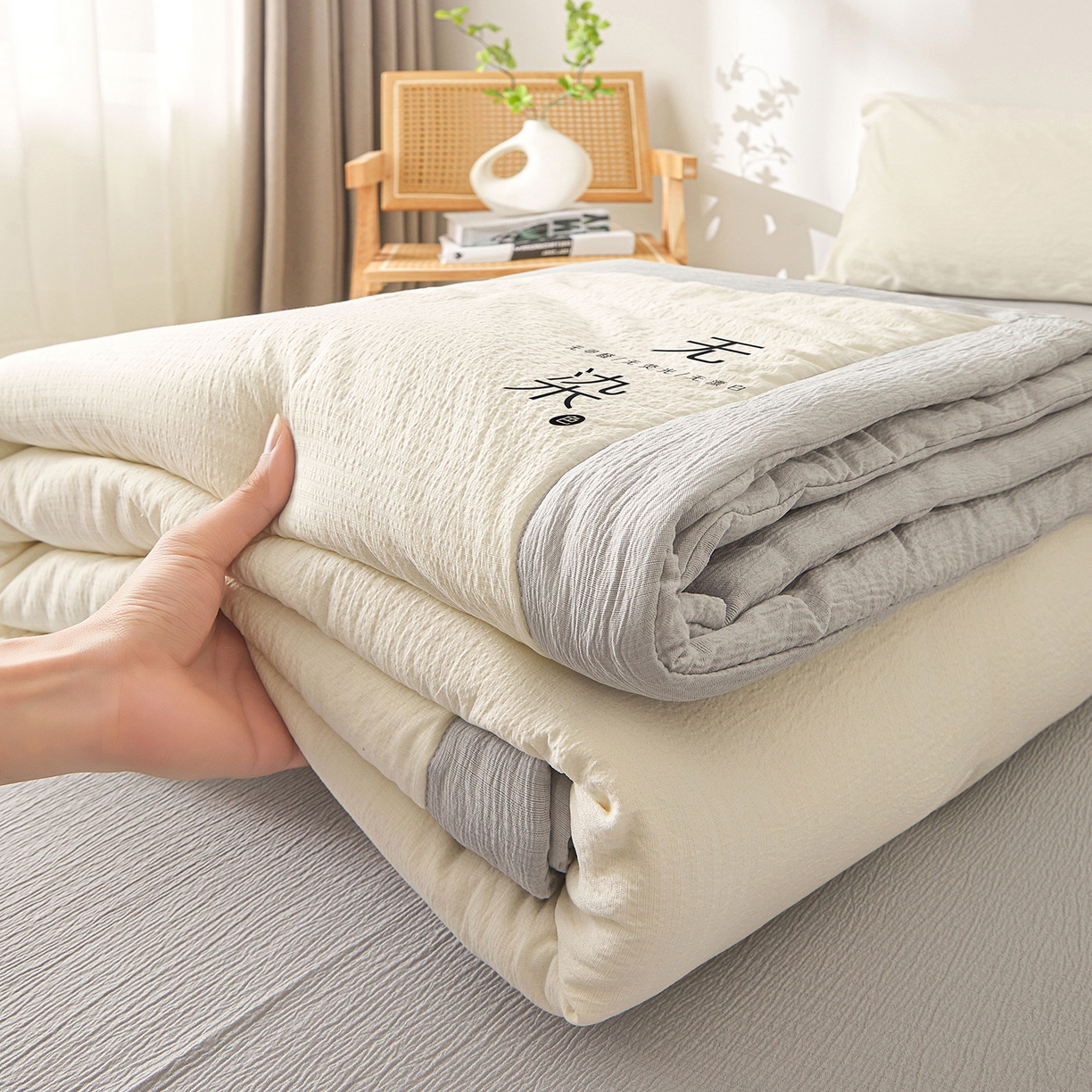 91家纺网 家纺一手货源 找家纺 晓时候 2026A类云感双层纱夏被四件套新疆棉花被无染夏凉被空调被 云朵白+冰川灰