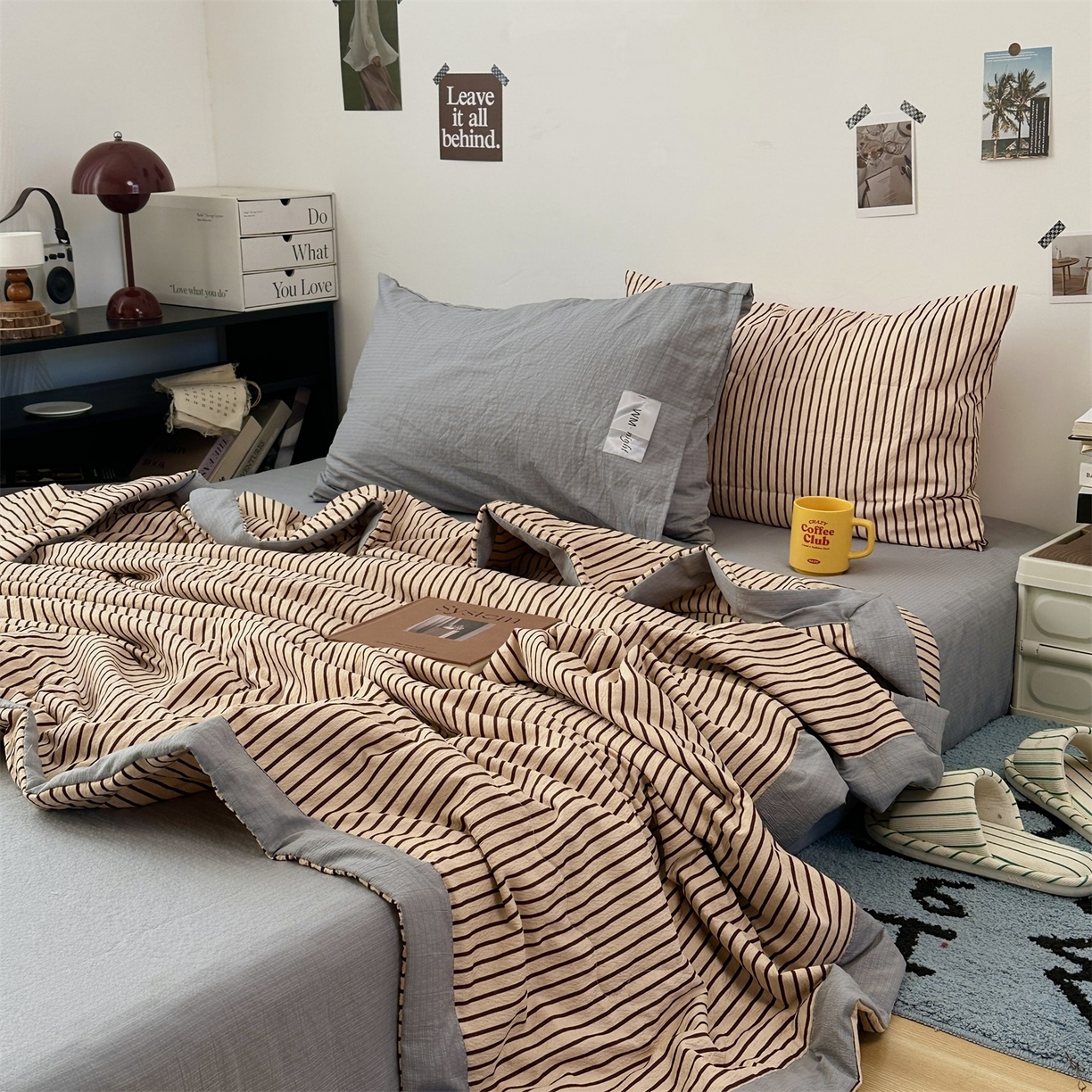91家纺网 家纺一手货源 找家纺 （总）拾一 2026新款简约日式条纹软糯水洗棉木棉夏凉被四件套单件空调被