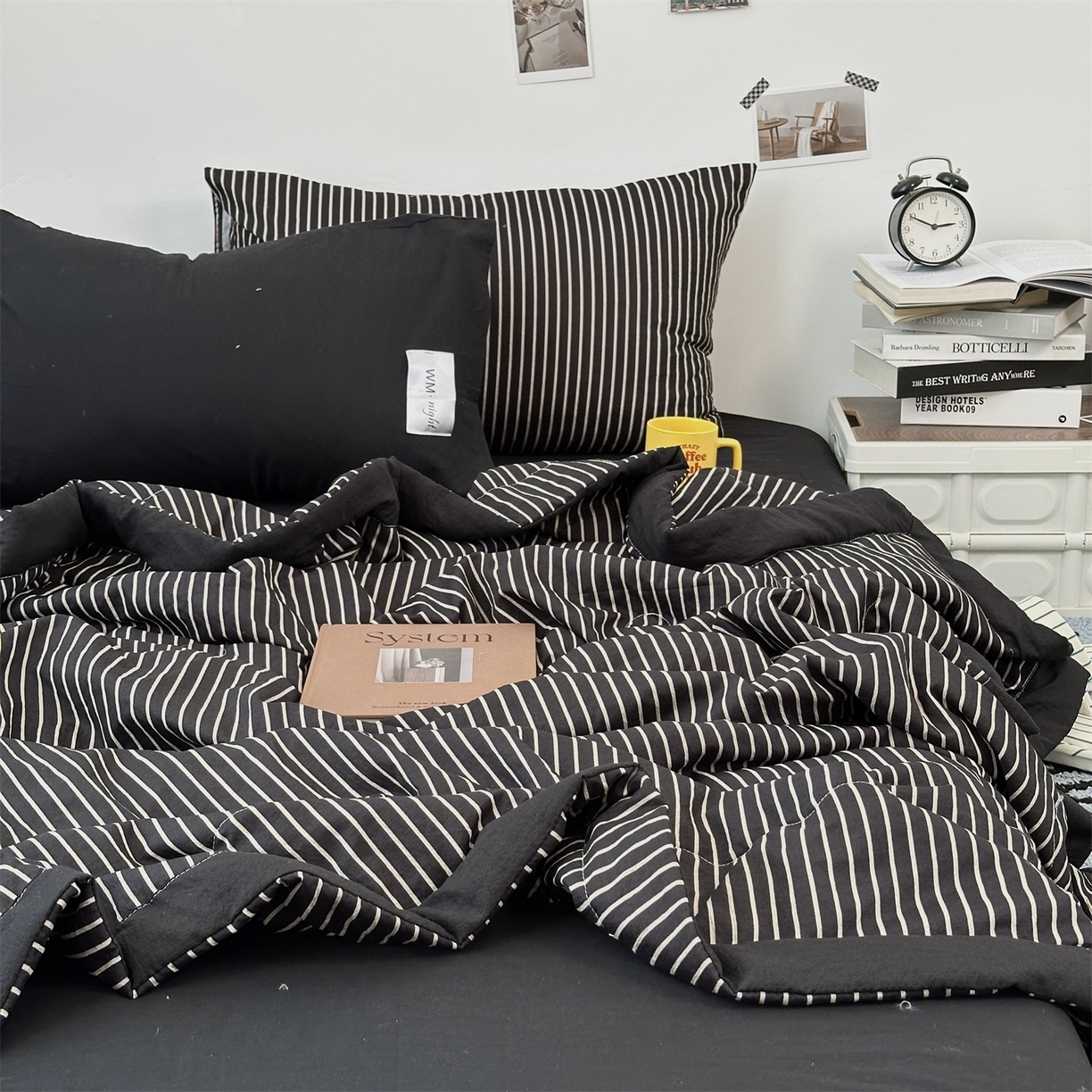 91家纺网 家纺一手货源 找家纺 拾一 2026新款简约日式条纹软糯水洗棉木棉夏凉被四件套单件空调被 夏凉被 黑-白条
