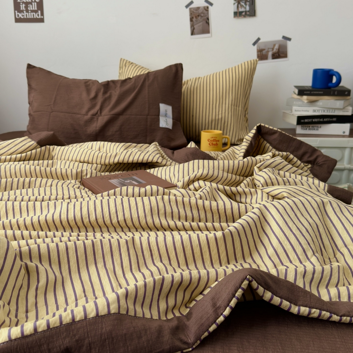 91家纺网 家纺一手货源 找家纺 拾一 2026新款简约日式条纹软糯水洗棉木棉夏凉被四件套单件空调被 夏凉被 黄-咖条