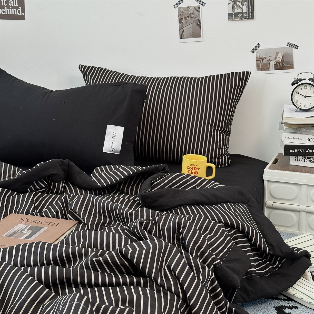 91家纺网 家纺一手货源 找家纺 拾一 2026新款简约日式条纹软糯水洗棉木棉夏凉被四件套单件空调被 夏凉被 黑-白条