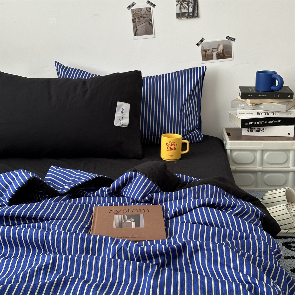 91家纺网 家纺一手货源 找家纺 拾一 2026新款简约日式条纹软糯水洗棉木棉夏凉被四件套单件空调被 夏凉被 克莱因蓝-白条