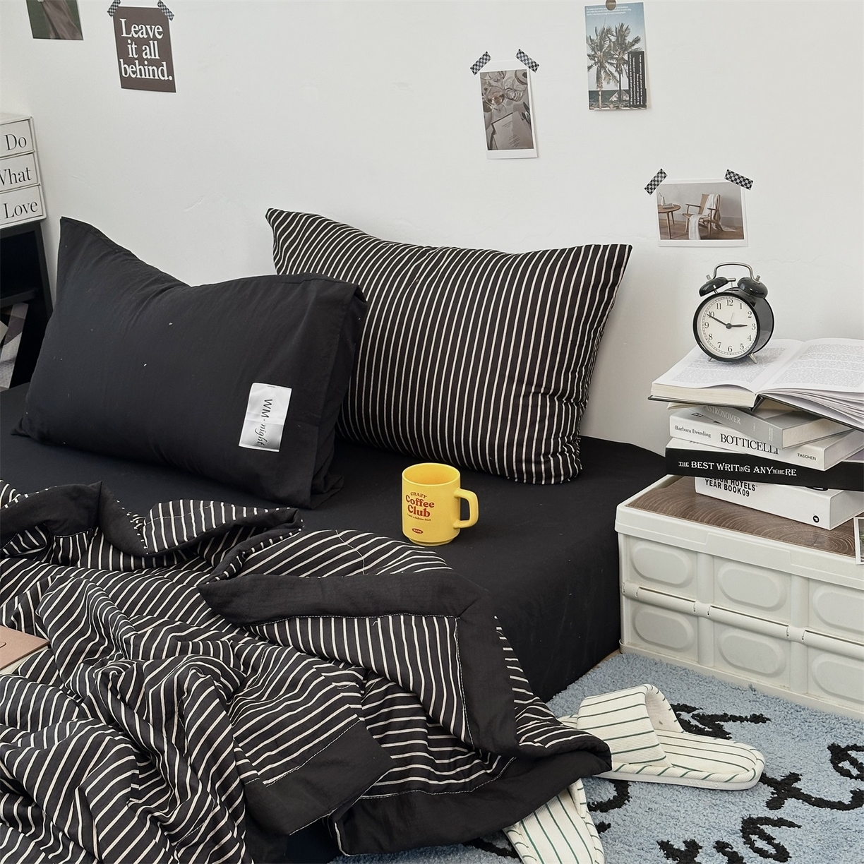 91家纺网 家纺一手货源 找家纺 拾一 2026新款简约日式条纹软糯水洗棉木棉夏凉被四件套单件空调被 夏凉被 黑-白条