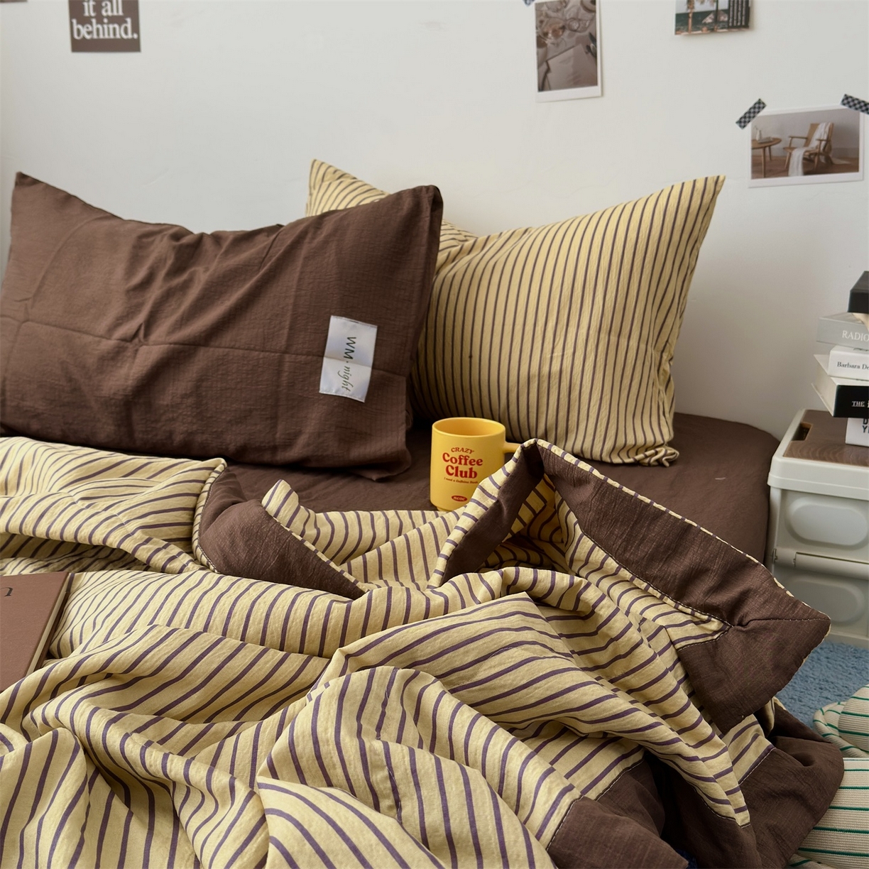 91家纺网 家纺一手货源 找家纺 拾一 2026新款简约日式条纹软糯水洗棉木棉夏凉被四件套单件空调被 夏凉被 黄-咖条