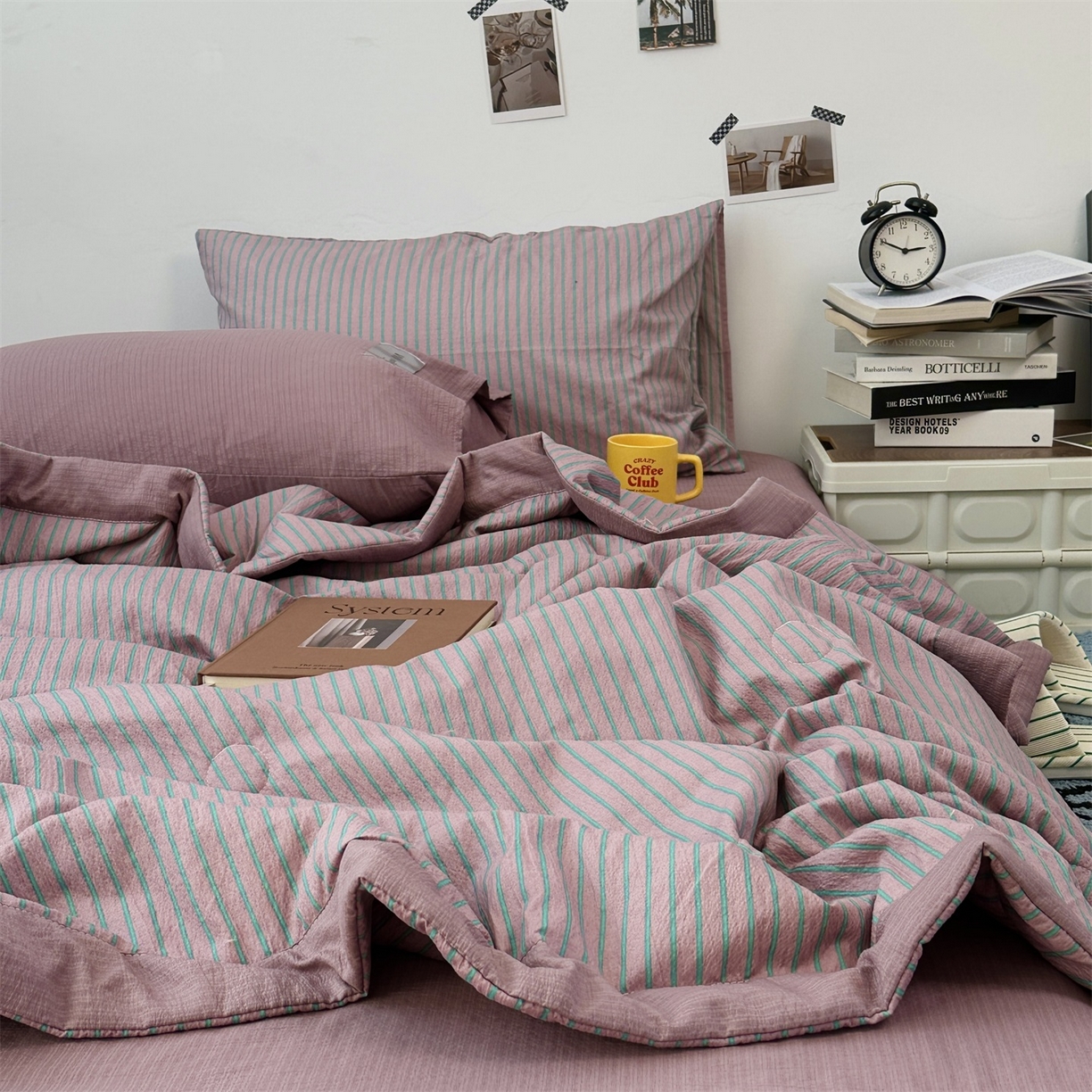 91家纺网 家纺一手货源 找家纺 拾一 2026新款简约日式条纹软糯水洗棉木棉夏凉被四件套单件空调被 夏凉被 紫-绿条