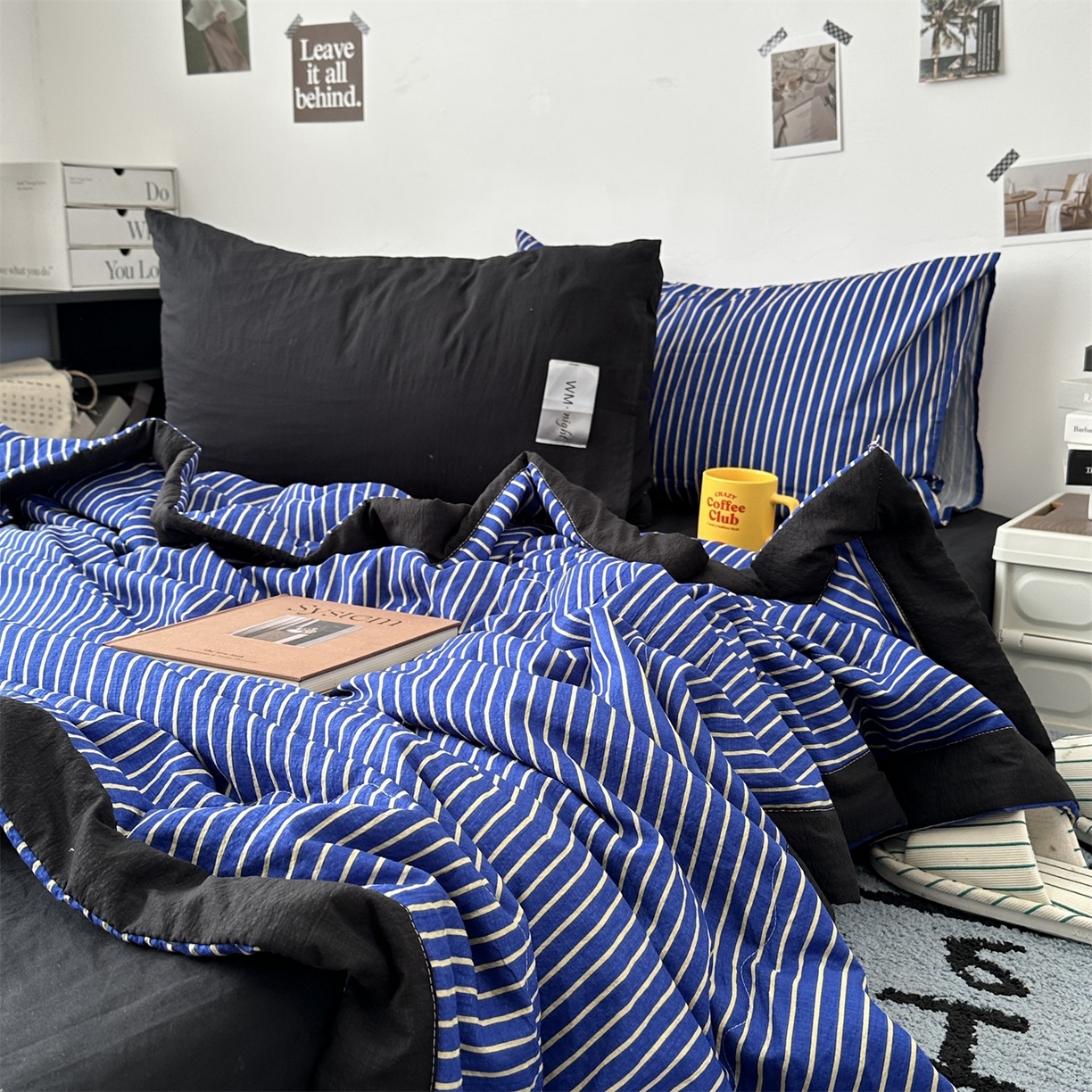 91家纺网 家纺一手货源 找家纺 拾一 2026新款简约日式条纹软糯水洗棉木棉夏凉被四件套单件空调被 夏凉被 克莱因蓝-白条