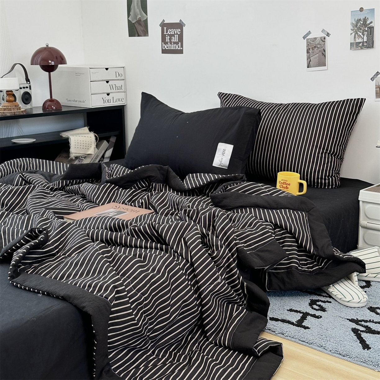 拾一 2026新款简约日式条纹软糯水洗棉木棉夏凉被四件套单件空调被 夏凉被 黑-白条