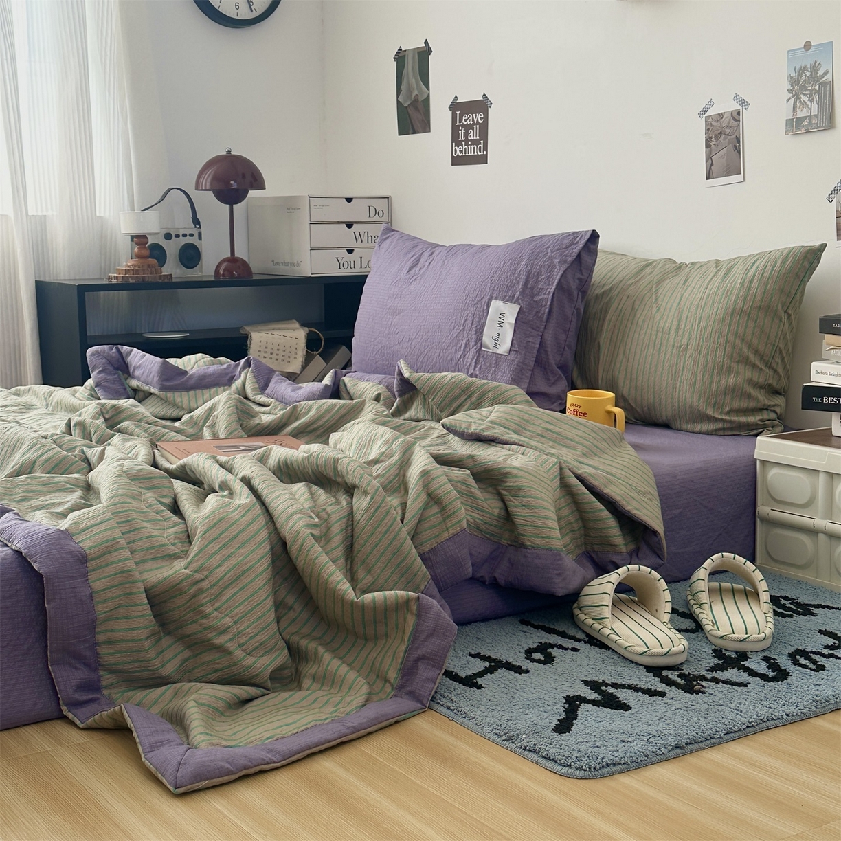 91家纺网 家纺一手货源 找家纺 拾一 2026新款简约日式条纹软糯水洗棉木棉夏凉被四件套单件空调被 夏凉被 草绿-绿条