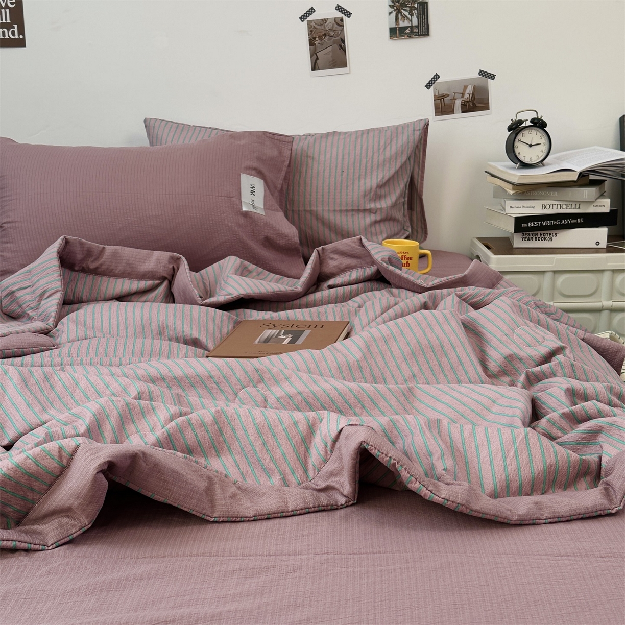 91家纺网 家纺一手货源 找家纺 拾一 2026新款简约日式条纹软糯水洗棉木棉夏凉被四件套单件空调被 夏凉被 紫-绿条